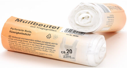 Afvalzakken/vuilniszakken - 20x - 20 liter - wit - incl. handvaten