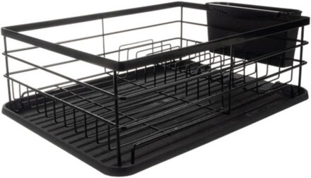 Afwas afdruiprek - met lekbak - staal - zwart - 44 x 31 x 13 cm - met bestekbak