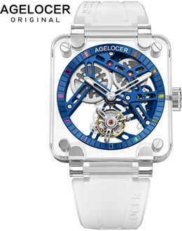 AGELOCER Original Swiss Brand Real Tourbillon Watches Sports Men Blue Skeleton Full Sapphire Gems Case Mechanical Wristwatch