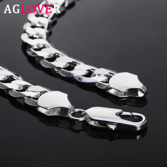 AGLOVER 925 Sterling Silver Cuban Chain 12MM 18/20/22/24/26/28/30 Inch Side Chain Necklace For Woman Man Fashion Jewelry Gift