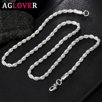 AGLOVER New 925 Sterling Silver 16/18/20/22/24 Inch 4MM Hemp Rope Chain Necklace For Woman Man Fashion Wedding Jewelry Gift