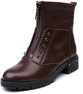 Aimeigao Herfst Winter Mode Klinknagel Enkellaars Vrouwen Rits Ronde Tenen Lage Hakken Laarzen Bont Pluche Binnenzool Lady Schoenen bruin / 8