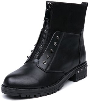 Aimeigao Herfst Winter Mode Klinknagel Enkellaars Vrouwen Rits Ronde Tenen Lage Hakken Laarzen Bont Pluche Binnenzool Lady Schoenen zwart / 9