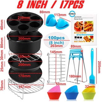 Air Friteuses Accessoires 8 Inch 20/17Pcs Voor 4.2 ~ 5.8QT 9 Inch Voor 5.2 ~ 6.8QT Bakken mand Pizza Plaat Grill Keuken Koken Gereedschap 8 duim 17stk