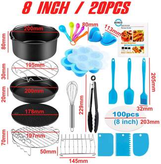 Air Friteuses Accessoires 8 Inch 20/17Pcs Voor 4.2 ~ 5.8QT 9 Inch Voor 5.2 ~ 6.8QT Bakken mand Pizza Plaat Grill Keuken Koken Gereedschap 8 duim 20stk