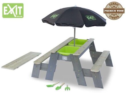 Aksent Zand- en Water- en Picknicktafel L met Parasol en Schepjes (2 bankjes) Bruin, Groen