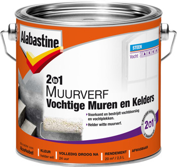 Alabastine 2in1 Muurverf - Vochtige Muren en Kelders - Helder wit - 2,5 liter