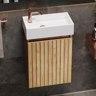 Alaska toiletmeubel ribbelfront warm eiken 40x22cm met solid surface fontein links