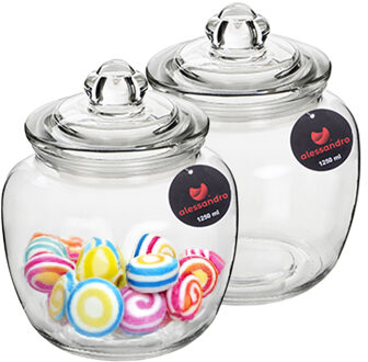 Alessandro Snoeppot/voorraadpot - 2x - met deksel - luchtdicht - glas - 1250 ml - D14 x H18 cm