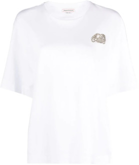 Alexander McQueen AMQ Seal Logo Kristal Geborduurd T-shirt Alexander McQueen , White , Dames - M,S,Xs,2Xs