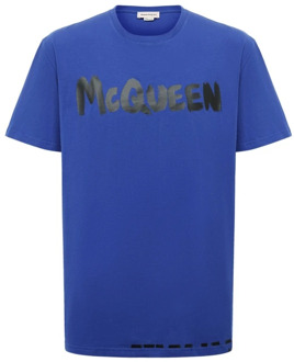 Alexander McQueen Blauw Katoenen T-Shirt met Logo Print Alexander McQueen , Blue , Heren