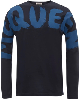 Alexander McQueen Blauwe Logo Print Katoenen T-shirt Alexander McQueen , Blue , Heren - S