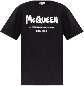 Alexander McQueen Logo Print Zwarte Katoenen T-shirt Alexander McQueen , Black , Dames - Xs,2Xs,3Xs