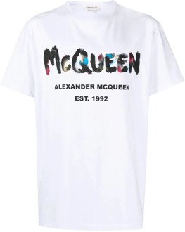 Alexander McQueen Waterverf Graffiti-print T-shirt Wit Alexander McQueen , White , Heren - Xl,L,M