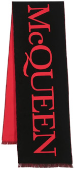 Alexander McQueen Winter Sjaals, Katoenen Sjaal met Franjes en Oversized Logo Intarsia Alexander McQueen , Black , Heren - ONE Size