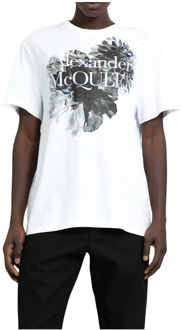 Alexander McQueen Wit Bloemen Logo Print T-Shirt Alexander McQueen , White , Heren - 2Xl,Xl,L,M,S,3Xl
