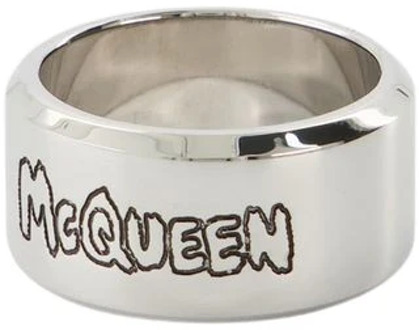 Alexander McQueen Zilveren Graffiti Statement Ring Alexander McQueen , Gray , Heren - 58 Mm,56 MM