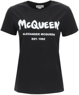 Alexander McQueen Zwart Logo Katoenen T-shirt Alexander McQueen , Black , Dames - Xs,2Xs