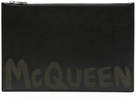 Alexander McQueen Zwarte Leren Clutch Tasmet Logo en Ritssluiting Alexander McQueen , Black , Heren - ONE Size