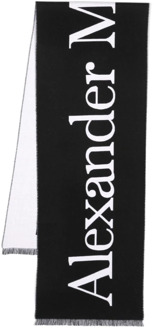 Alexander McQueen Zwarte wollen sjaal met contrasterend logo jacquard Alexander McQueen , Black , Heren - ONE Size