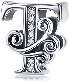 Alfabet bedel letter t met transparante zirkonia steentjes Zilver - One size