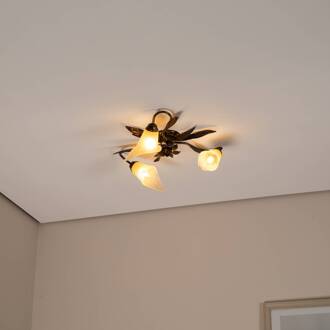 Alga plafondlamp, 3-lamps, ijzer, glas, Florentijn brons, amber