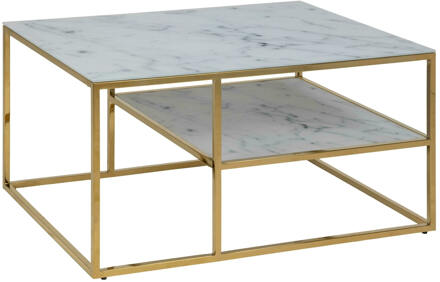 Alice salontafel met 1 plank, gouden lijst, marmerprint wit.