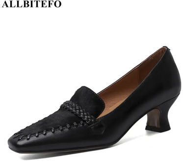ALLBITEFO high quality genuine leather thick heels office ladies shoes brand high heels women shoes women high heel shoes