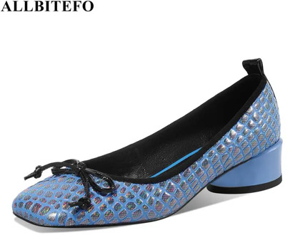 ALLBITEFO square toe genuine leather bowtie thick heels party women shoes women high heel shoes autumn office ladies shoes