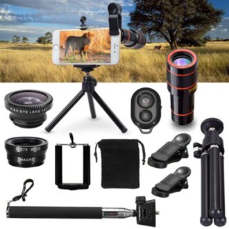 Alle 10 In1 Telefoon Camera Lens 12X Telescoop Selfie Stok Statief Bluetooth Remote Kit 12/5000 Mobiele Telefoon Houder Nemen Foto 'S zwart 1