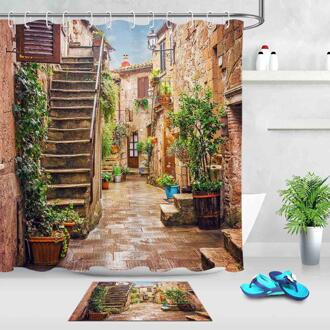 Alley in Oude Italië Town Europese Stijl Douche Gordijnen Scenic En Mat Set Badkamer Waterdichte Stof Voor Natuur Bad Decor Curtain 1 en Mat 1 / enkel en alleen Mat 1-60X40cm