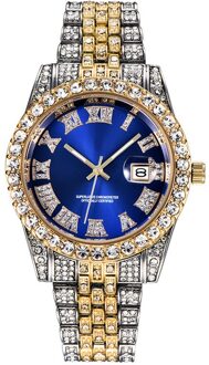 Alliceonyou Goud Zilver Kleur Zirconia Horloges Hip Hop Mode Diamanten Armband Roestvrij Staal Voor blauw