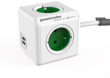 Allocacoc PowerCube Extended Duo USB - 1.5 meter kabel - Wit/Groen - 3 stopcontacten - 2 USB laders - Type E met aardepin (België\/Frankrijk)
