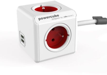 Allocacoc PowerCube Extended Duo USB - 1.5 meter kabel - Wit/Rood - 3 stopcontacten - 2 USB laders - Type E met aardepin (België\/Frankrijk)