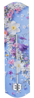 Alma Garden Binnen/buiten thermometer met lentebloemen print - blauw - metaal - 29 x 6.5 cm