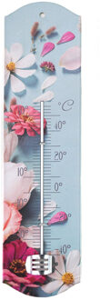 Alma Garden Binnen/buiten thermometer met lentebloemen print - blauw/roze - metaal - 29 x 6.5 cm - Buitenthermometers Groen