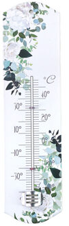 Alma Garden Binnen/buiten thermometer met lentebloemen print - wit - metaal - 29 x 6.5 cm
