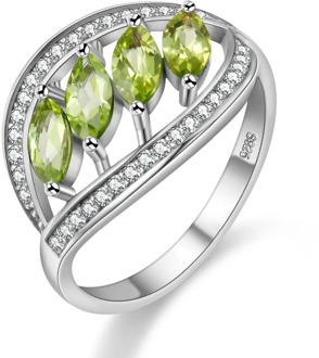 Almei Natural Green Peridot 925 Sterling Silver Leaves Rings for Women Ring with Stone Wedding Jewelry Velvet Gift Box FJ110