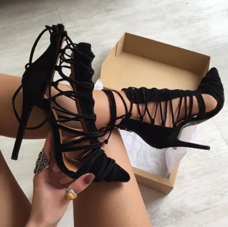 ALMUDENA Black Suede Cross Strappy Pointed Toe Pumps Hollow Out Braided Shoes Stiletto Heels Dress Pumps Banquet Shoes Dropship