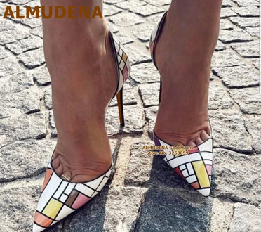 ALMUDENA Irregular Checkered High Heel Pumps Multi-color Patent Leather Plaided Wedding Shoes Printed 12cm Pointed Toe Shoes