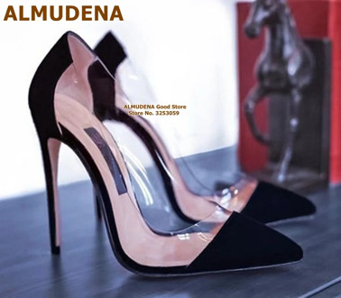ALMUDENA Newest Color Patchwork PVC High Heels Transparent Stiletto Heels 12cm Dress Pumps Shallow Pointed Toe Wedding Shoes