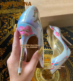 ALMUDENA Newest Eiffel Tower Red Lips Printed High Heels Pointed Toe Multi-color Floral Wedding Shoes 12 10 8cm Dress Pumps