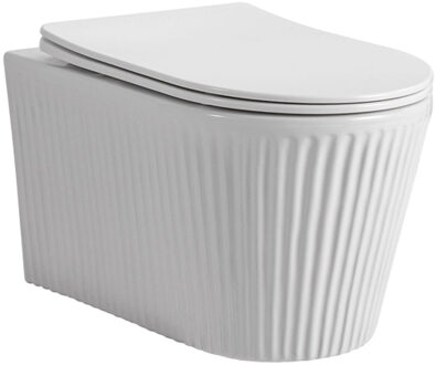 Aloni Muffly Hangend Toilet - 36.5x52x34.6cm - wervelspoeling - randloos - met zitting - softclose - quick release - compact - ribbel - glans wit AL3011 Wit glans