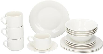 Alpina 16-delig Ontbijtservies - 4 Borden - 4 Kommen - 4 Koppen - 4 Schotels - Aardewerk - Wit