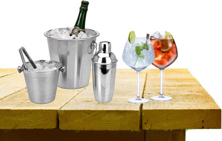 Alpina Complete bar set met 4x Gin Tonic cocktailglazen en cocktailshaker - Cocktailglazen Transparant