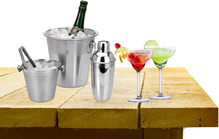 Alpina Complete bar set met 4x Margarita cocktailglazen en cocktailshaker - Cocktailglazen Transparant