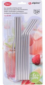 Alpina Drinkrietjes - 8x stuks - RVS - herbruikbaar - rietjes incl. raggertjes Zilver