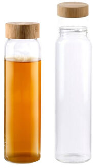 Alpina Glazen waterfles/drinkfles/sportfles - 2x - helder transparant - met Bamboe dop - 1000 ml