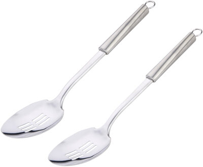 Alpina Keukengerei schuimspaan opscheplepel - 2x - zilver - RVS - 34 x 7 cm - groente lepel