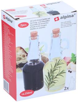 Alpina Olie-en azijnfles set - met kurk - glas - 250 ml - Olie- en azijnstellen Transparant